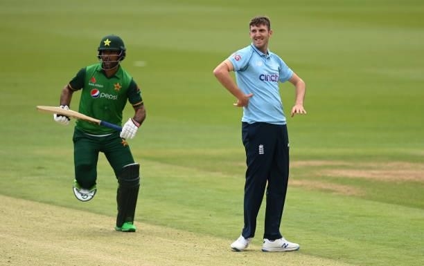 Craig Overton of England smiles during the first One Day international between England and Pakistan at Sophia Gardens on July 08, 2021 in Cardiff,...