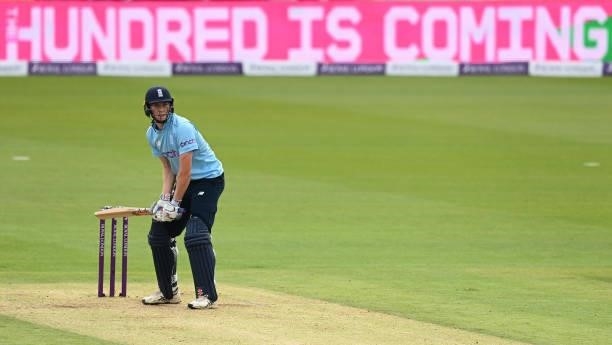 Zac Crawley of England bats in front of a sign promoting the Hundred competition during the first One Day international between England and Pakistan...