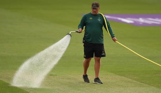 Groundsman waters a pitch after the first One Day international between England and Pakistan at Sophia Gardens on July 08, 2021 in Cardiff, Wales.