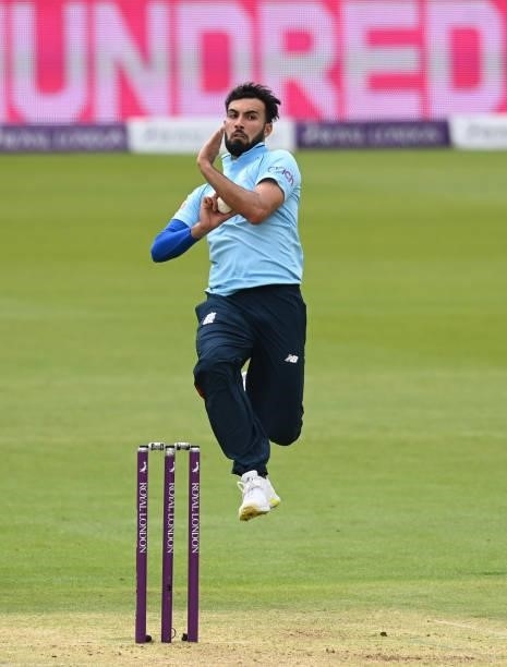 Saqib Mahmood of England bowls during the first One Day international between England and Pakistan at Sophia Gardens on July 08, 2021 in Cardiff,...