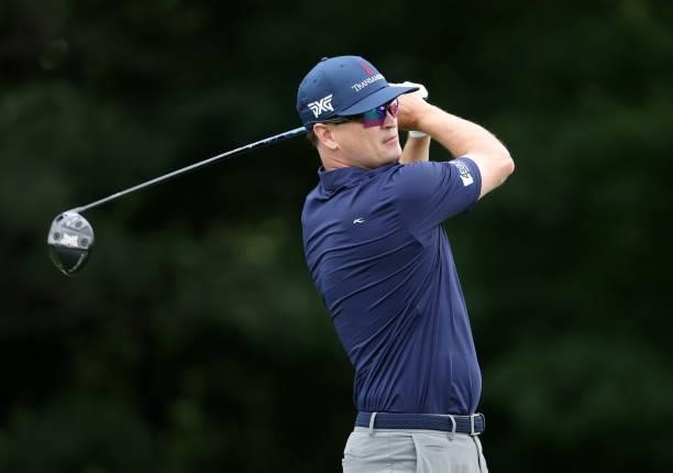 Zach Johnson plays his shot from the 13th tee during the first round of the John Deere Classic at TPC Deere Run on July 08, 2021 in Silvis, Illinois.