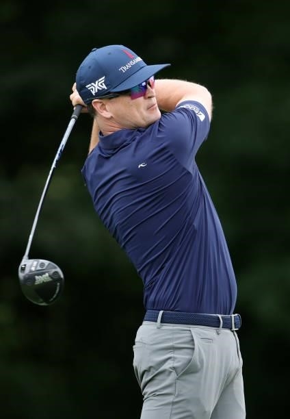 Zach Johnson plays his shot from the 13th tee during the first round of the John Deere Classic at TPC Deere Run on July 08, 2021 in Silvis, Illinois.