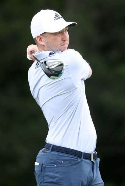 Daniel Berger plays his shot from the 13th tee during the first round of the John Deere Classic at TPC Deere Run on July 08, 2021 in Silvis, Illinois.