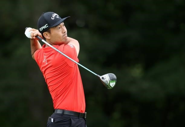 Kevin Na plays his shot from the 13th tee during the first round of the John Deere Classic at TPC Deere Run on July 08, 2021 in Silvis, Illinois.