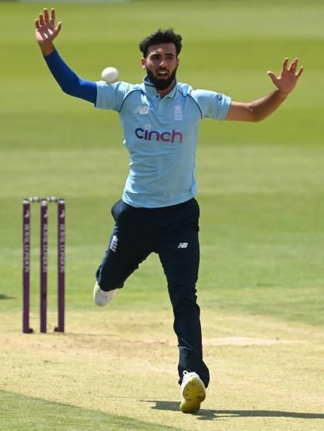 Saqib Mahmood of England reacts during the first One Day international between England and Pakistan at Sophia Gardens on July 08, 2021 in Cardiff,...