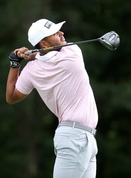 Sebastian Munoz of Colombia plays his shot from the 13th tee during the first round of the John Deere Classic at TPC Deere Run on July 08, 2021 in...