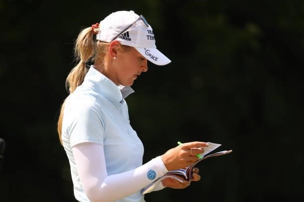 Jessica Korda waits on the 10th green during the first round of the Marathon LPGA Classic presented by Dana at Highland Meadows Golf Club in...