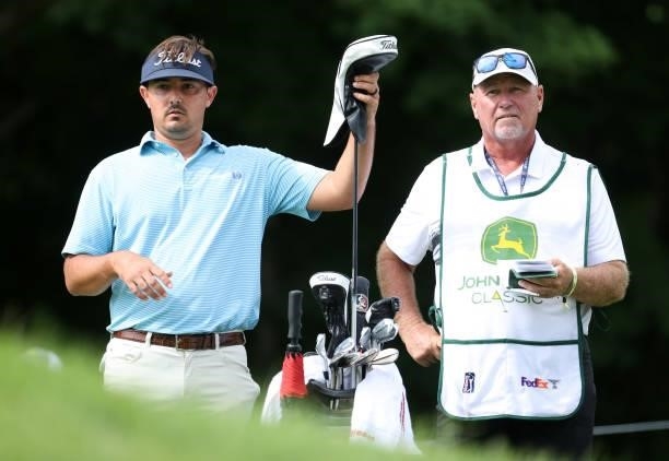 Hank Lebioda prepares to play his shot from the 18th teeduring the first round of the John Deere Classic at TPC Deere Run on July 08, 2021 in Silvis,...