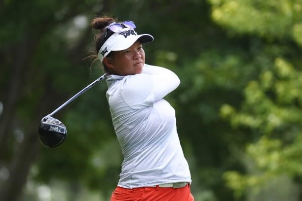 Megan Khang watches her tee shot on the 11th hole during the first round of the Marathon LPGA Classic presented by Dana at Highland Meadows Golf Club...