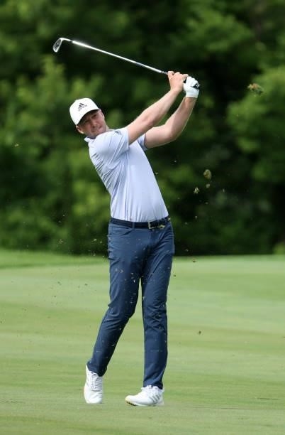 Daniel Berger plays his second shot on the 15th hole during the first round of the John Deere Classic at TPC Deere Run on July 08, 2021 in Silvis,...