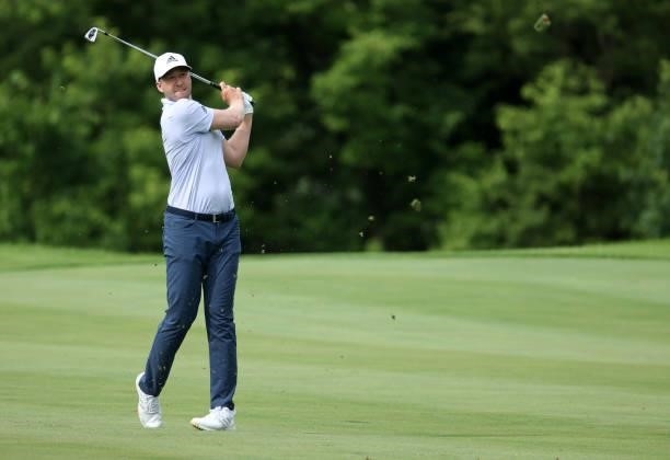 Daniel Berger plays his second shot on the 15th hole during the first round of the John Deere Classic at TPC Deere Run on July 08, 2021 in Silvis,...