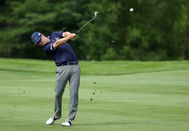 Zach Johnson plays his second shot on the 15th hole during the first round of the John Deere Classic at TPC Deere Run on July 08, 2021 in Silvis,...