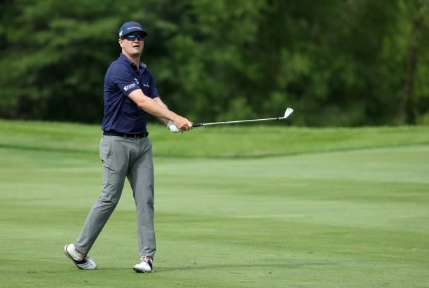 Zach Johnson plays his second shot on the 15th hole during the first round of the John Deere Classic at TPC Deere Run on July 08, 2021 in Silvis,...