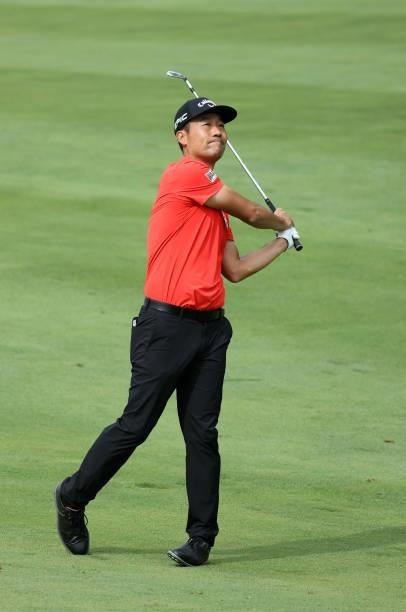 Kevin Na plays his second shot on the 15th hole during the first round of the John Deere Classic at TPC Deere Run on July 08, 2021 in Silvis,...