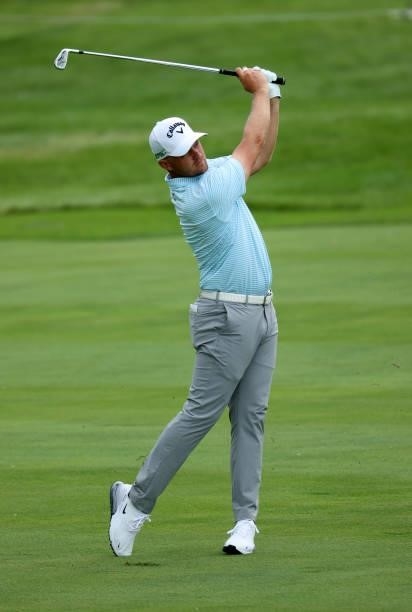 Tom Lewis of England plays his shot on the 17th hole during the first round of the John Deere Classic at TPC Deere Run on July 08, 2021 in Silvis,...