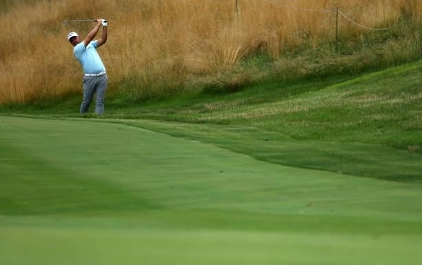 Tom Lewis of England plays his shot on the 17th hole during the first round of the John Deere Classic at TPC Deere Run on July 08, 2021 in Silvis,...