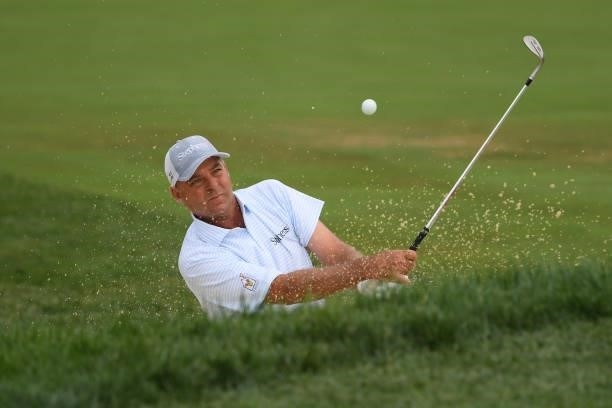 Dicky Pride play his shot on the eighth hole during the first round of the U.S. Senior Open Championship at the Omaha Country Club on July 08, 2021...