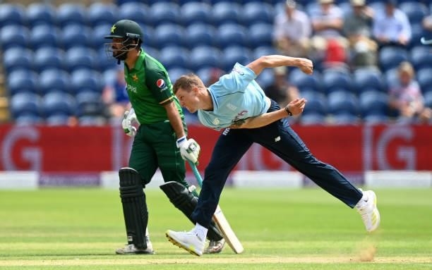 Brydon Carse of England bowls during the 1st Royal London Series One Day International match between England and Pakistan at Sophia Gardens on July...