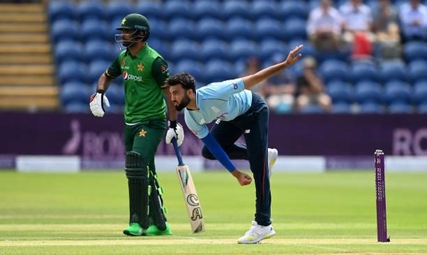 Saqib Mahmood of England bowls during the 1st Royal London Series One Day International match between England and Pakistan at Sophia Gardens on July...