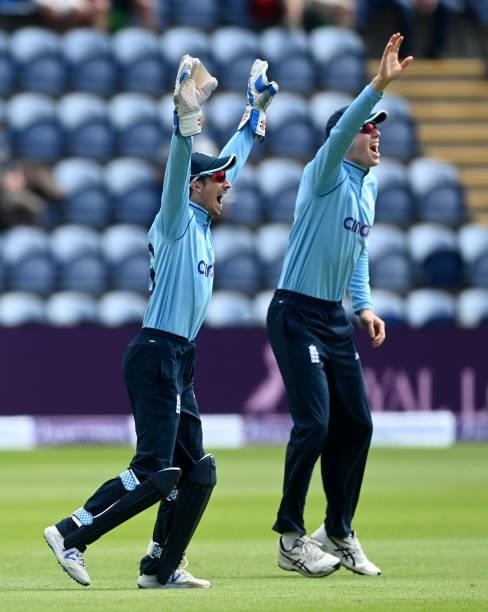 England wicketkeeper John Simpson appeals with Zak Crawley during the 1st Royal London Series One Day International match between England and...