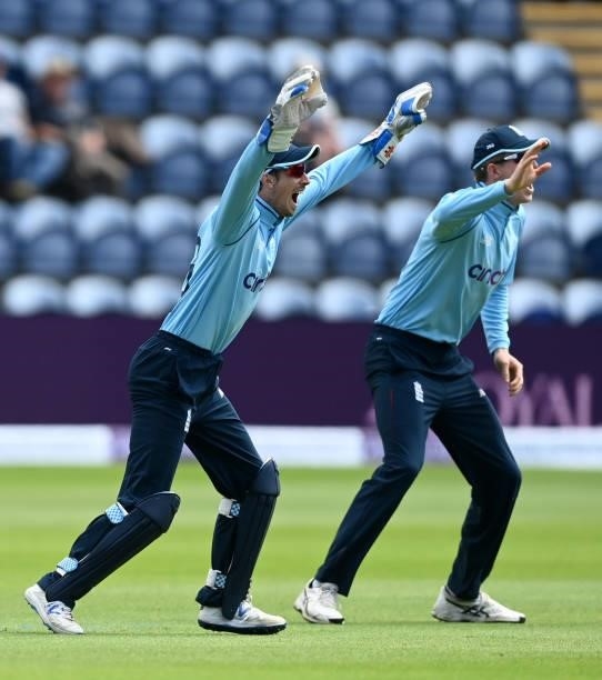 England wicketkeeper John Simpson appeals with Zak Crawley during the 1st Royal London Series One Day International match between England and...