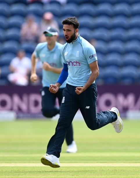 Saqib Mahmood of England celebrates dismissing Pakistan captain Babar Azam during the 1st Royal London Series One Day International match between...