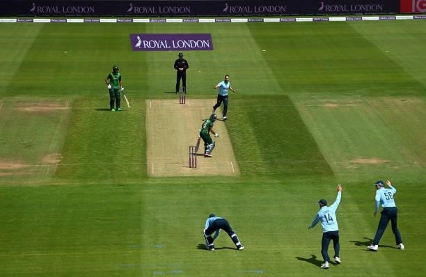 Lewis Gregory of England celebrates dismissing Mohammad Rizwan of Pakistan during the 1st Royal London Series One Day International match between...