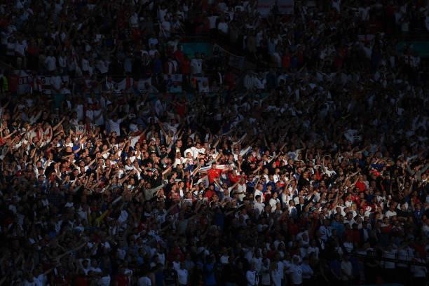 England fans during the UEFA Euro 2020 Championship Semi-final match between England and Denmark at Wembley Stadium on July 07, 2021 in London,...