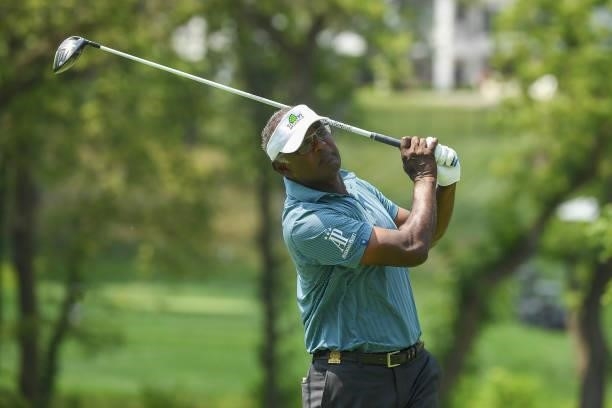 Vijay Singh of Fiji plays his shot on the fourth tee during the first round of the U.S. Senior Open Championship at the Omaha Country Club on July...