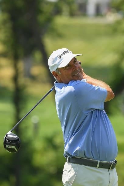 Fred Couples plays his shot from the fourth tee during the first round of the U.S. Senior Open Championship at the Omaha Country Club on July 08,...