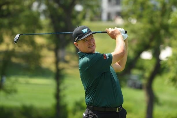 Ernie Els of South Africa plays hit shot from the fourth tee during the first round of the U.S. Senior Open Championship at the Omaha Country Club on...