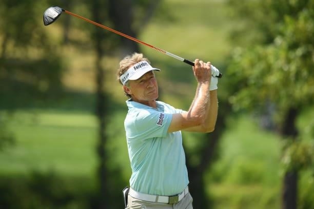 Bernhard Langer play his shot from the fourth tee during the first round of the U.S. Senior Open Championship at the Omaha Country Club on July 08,...