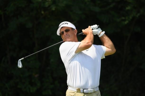 Brian Cairns plays his shot from the 11th tee during the first round of the U.S. Senior Open Championship at the Omaha Country Club on July 08, 2021...