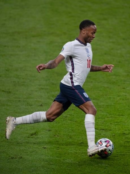 Raheem Sterling of England in action during the UEFA Euro 2020 Championship Semi-final match between England and Denmark at Wembley Stadium on July...