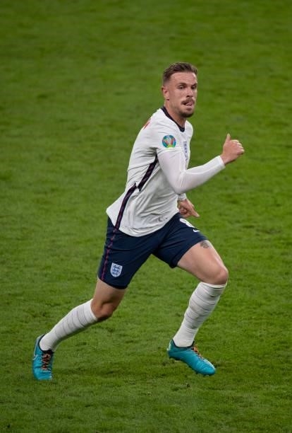 Jordan Henderson of England in action during the UEFA Euro 2020 Championship Semi-final match between England and Denmark at Wembley Stadium on July...