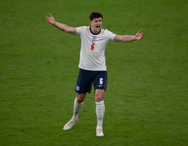 Harry Maguire of England complains about a refereeing decision during the UEFA Euro 2020 Championship Semi-final match between England and Denmark at...