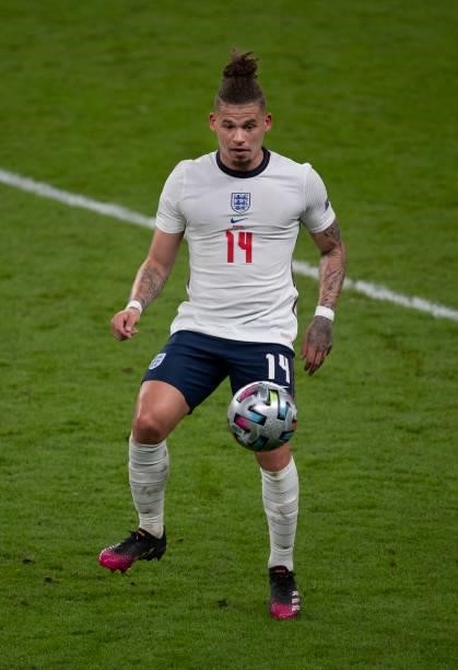 Kalvin Phillips of England in action during the UEFA Euro 2020 Championship Semi-final match between England and Denmark at Wembley Stadium on July...