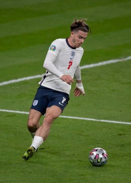 Jack Grealish of England in action during the UEFA Euro 2020 Championship Semi-final match between England and Denmark at Wembley Stadium on July 07,...