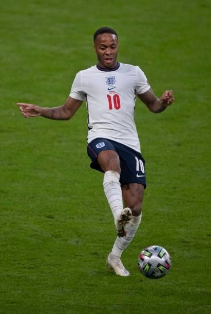 Raheem Sterling of England in action during the UEFA Euro 2020 Championship Semi-final match between England and Denmark at Wembley Stadium on July...