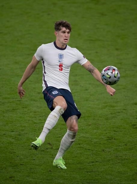 John Stones of England in action during the UEFA Euro 2020 Championship Semi-final match between England and Denmark at Wembley Stadium on July 07,...