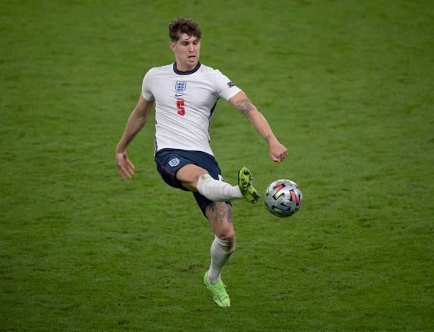 John Stones of England in action during the UEFA Euro 2020 Championship Semi-final match between England and Denmark at Wembley Stadium on July 07,...
