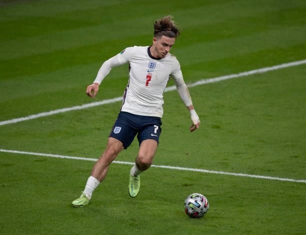 Jack Grealish of England in action during the UEFA Euro 2020 Championship Semi-final match between England and Denmark at Wembley Stadium on July 07,...