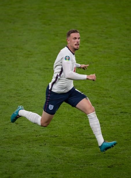 Jordan Henderson of England in action during the UEFA Euro 2020 Championship Semi-final match between England and Denmark at Wembley Stadium on July...