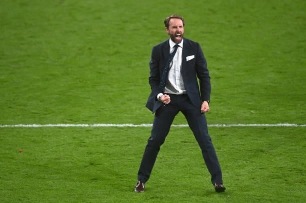 England manager Gareth Southgate celebrates after the UEFA Euro 2020 Championship Semi-final match between England and Denmark at Wembley Stadium on...