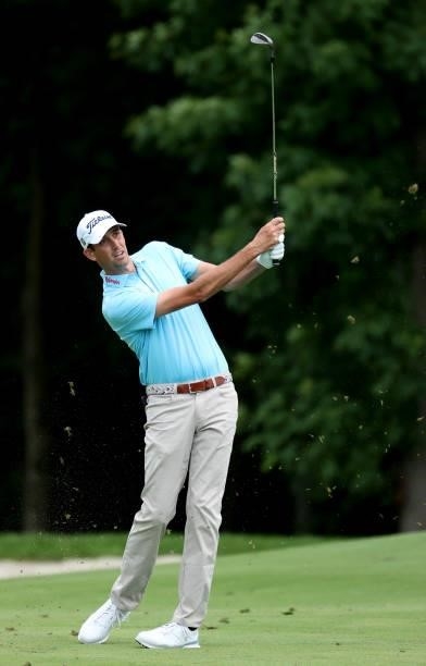 Chesson Hadley plays his shot from the sixth tee during the first round of the John Deere Classic at TPC Deere Run on July 08, 2021 in Silvis,...