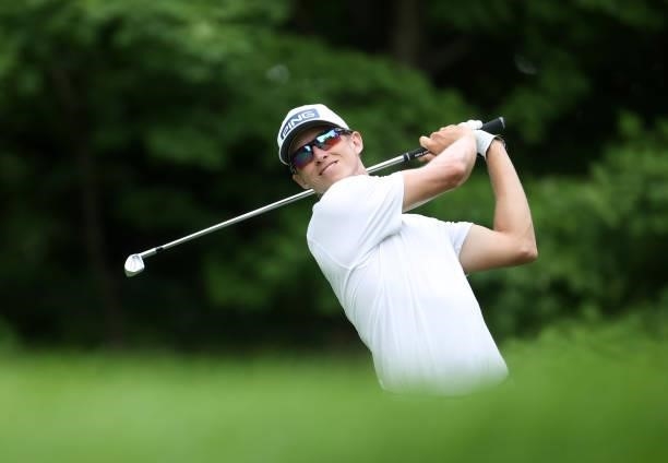 Brandon Hagy plays his shot from the sixth tee during the first round of the John Deere Classic at TPC Deere Run on July 08, 2021 in Silvis, Illinois.