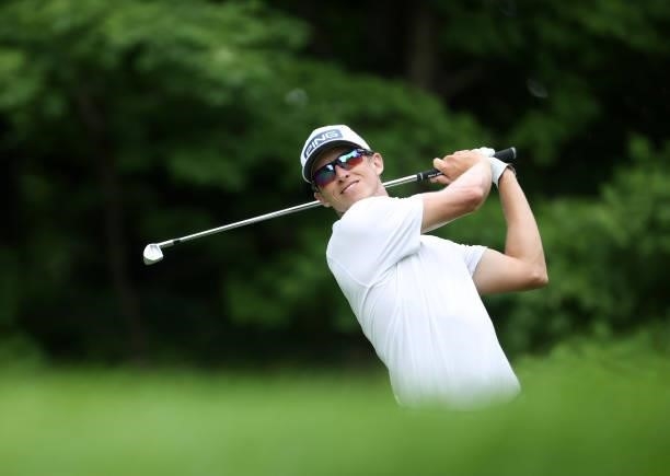 Brandon Hagy plays his shot from the sixth tee during the first round of the John Deere Classic at TPC Deere Run on July 08, 2021 in Silvis, Illinois.