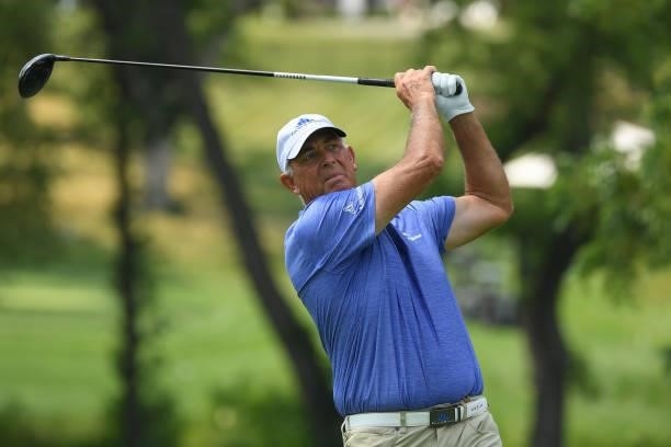 Tom Lehman plays his shot from the fourth tee during the first round of the U.S. Senior Open Championship at the Omaha Country Club on July 08, 2021...