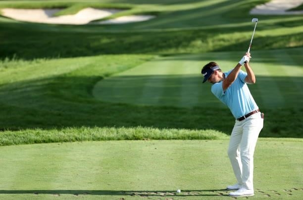 Hank Lebioda plays his shot from the seventh tee during the first round of the John Deere Classic at TPC Deere Run on July 08, 2021 in Silvis,...