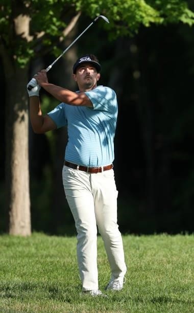 Hank Lebioda plays his second shot on the sixth hole during the first round of the John Deere Classic at TPC Deere Run on July 08, 2021 in Silvis,...